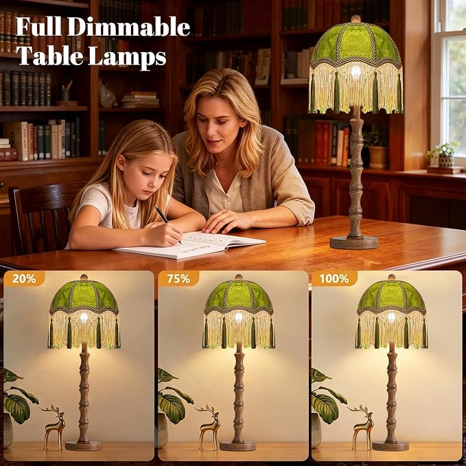 ILLMTW Vintage Table Lamp Set of 2,Flower Small Bedside Lamps Dimmable Bedroom Lamp with Fringe Green Shade,Boho Mid Century Retro Unique Tassel Nightstand Lamp for Bedroom Living Room Tiffany Decor