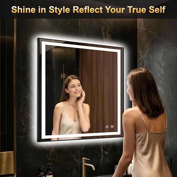 LED Bathroom Mirror with Light, 30x30 Vanity Mirror for Wall with Frame | Anti-Fog, Dimmable 3 Colors, Memory Function, Backlit and Front Lit, Shatter-Proof Glass, Plug-in/Hardwired