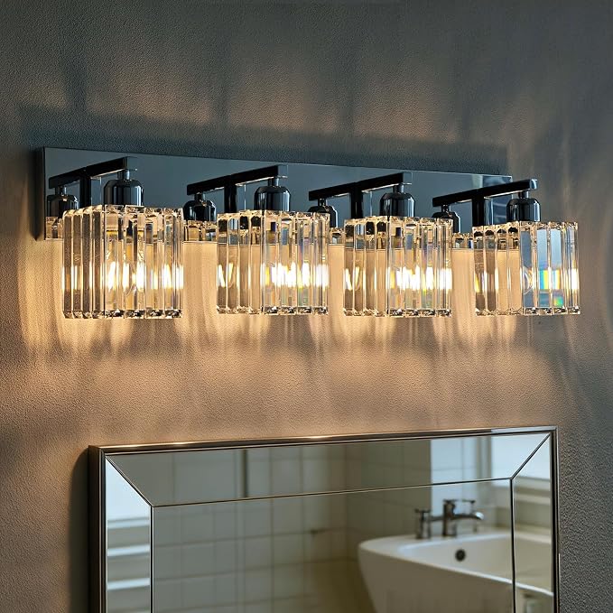 Brushed Chrome Crystal Bathroom Vanity Light, 4-Light Modern Bathroom Lighting Fixtures Over Mirror,Chrome Wall Sconce Light Fixtures with Square Shade