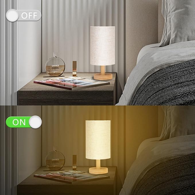 Small Table Lamp for Bedroom - Bedside Lamps for Night Stands, Minimalist Nightstand Light Lamp, Desk Lamps for Living Room, Office, Dorm(Wood Base, 10" Inline Control)