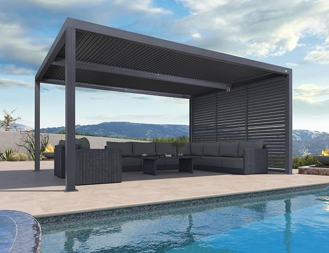 PURPLE LEAF Louvered Pergola 12' x 16' 94AS w/ 1W Side Shutter Wall Grey | Rainproof Gutters, Two Adjustable Roofs, 53Mph Wind Resistant, Plus Privacy Shutters (Total Seclusion), DIY-Friendly Design