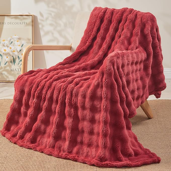 NEWCOSPLAY Throw Blanket for Couch Red Super Soft Flannel Fleece 3D Bubble Lightweight Bed Blanket All Season Use (Red, Throw(50"x60"))