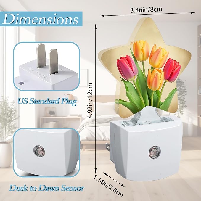Vintage Tulips Night Light,Plug Into Wall Decor Nightlights for Bedroom,Bathroom,Hallway,Stairway,Kitchen,with Dusk to Dawn Light Auto Sensors Led Night Lights Room Gifts
