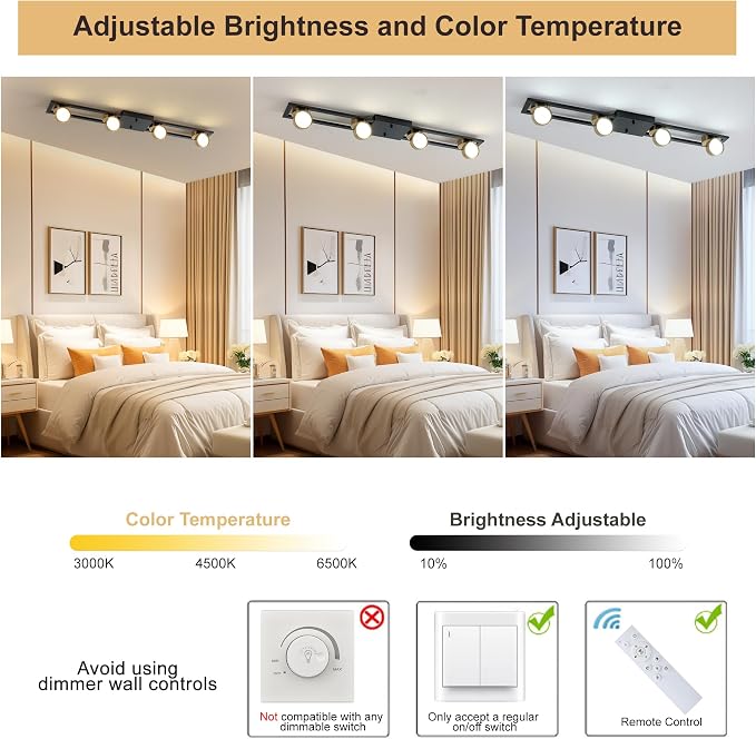 Garwarm 35 Inch LED Track Lighting, Dimmable Low Profile Ceiling Light | Modern Ultra-Slim Flush Mount with 270° Rotatable Heads,Black Gold,3000K-6500K for Kitchen, Dining Room, Bedroom, Office