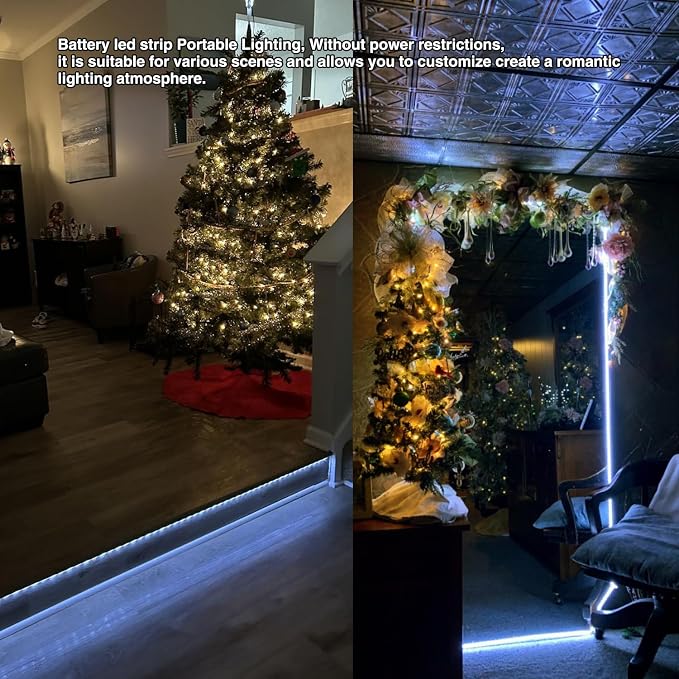 Battery Powered LED Strip Lights, White, with Remote, 13.2ft, 240 LEDs, Waterproof, Dimmable, Timer, for Parties, Weddings, Kitchen, Christmas. Includes 2 Rolls of 6.6 ft Each.