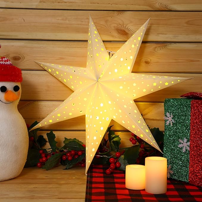 Mudder 19.7 Inch Christmas Star Paper Lantern 7 Pointed Christmas Window Lantern with 10 LED Light Strings Hanging Pendant Xmas Tree Ornaments for Holiday Decor Home(Classic,White)