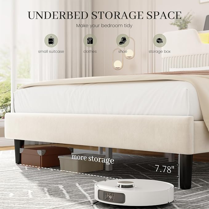 Homkdom Queen Bed Frame with Charging Station & Storage Headboard,White | 1USB-C & 2USB-A Charging, RGB LED Lights,7.78" Under-bed Storage,Velvet Upholstered Headboard,No Box Spring,Easy Assembly.