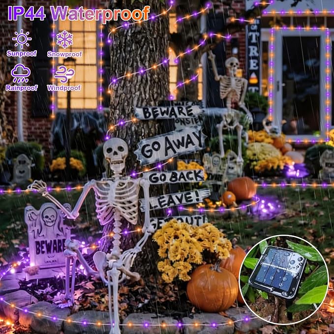 QITONG 2 Pack Solar Halloween Lights, Each 33ft 100 LED Orange and Purple String Lights, 8 Modes Clear PVC Tube Light Outdoor Waterproof