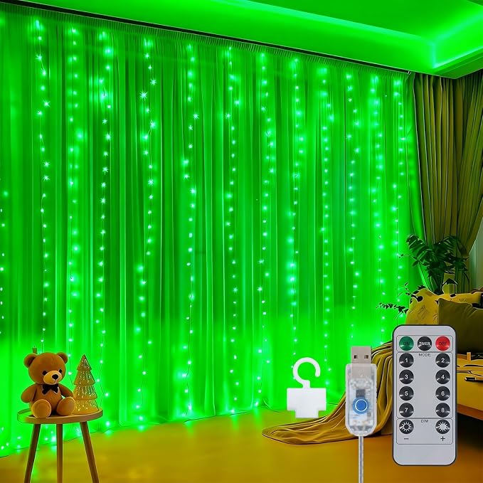 300LED Fairy Curtain Lights 9.8ft x 9.8ft LED Dimmable Twinkle Lights | with Remote and Timer USB Plug in 8 Modes String Lights for Bedroom Indoor Outdoor Party Christmas Decor, Green