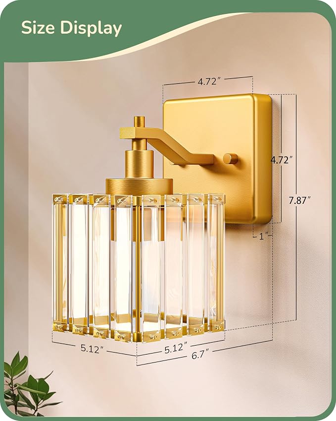 EDISHINE Modern Gold Crystal Wall Sconces Set of 2, Bathroom Vanity Lights | Hardwired, 1-Light, Standard E26 Base, Up Down Mounting, Bath Lamp for Living Room, Bedroom, Powder Room, Gold