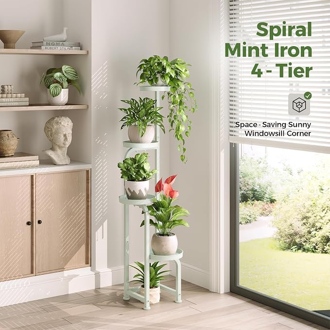 Bamworld Corner Plant Stand Indoor Outdoor Tall Metal Flower Pot Stands | 4 Tier Mint Green Heavy Duty Plant Shelf for Patio Garden Balcony Living Room Bedroom(Patent Design)