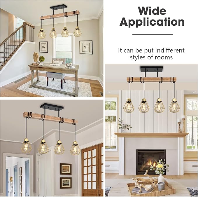 4-Lights Island Lights for Kitchen, Black and Gold Pendant Light Fixtures, Farmhouse Dining Room Light Fixtures Over Table with Metal Shade, Pendant Lighting for Kitchen Island, Living Room