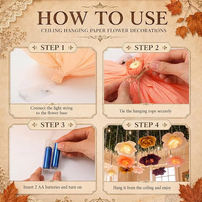 6 Pcs Large Fall Flower Paper Lanterns Decorations 15.7 Inch Boho Tissue Paper Flower with LED Light for Thanksgiving Fall Party Decoration Floral Pendant Lamps for Brithday Bridal Baby Shower