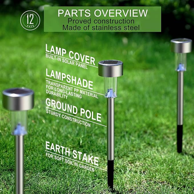 Dream Master Solar Lights Outdoor Waterproof, Stainless Steel LED Landscape Lighting, Solar Garden Lights, Outdoor Decorations for Yard, Pathway, Walkway, Patio, Lawn - 12 Pack(Warm White)