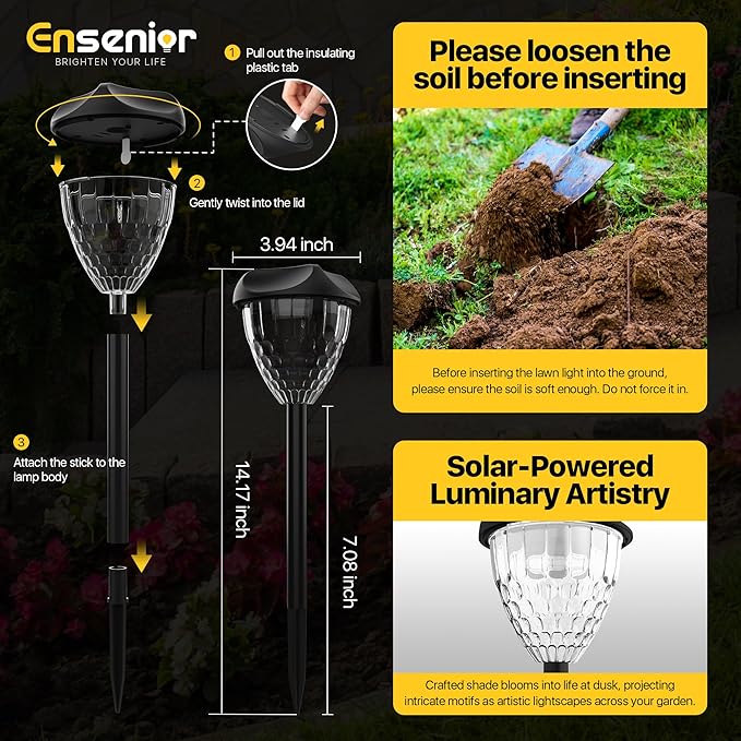 Ensenior Solar Pathway Lights Outdoor - 14.17" Height, 6500K LED Landscape Garden Lights, IP65 Waterproof, Tool-Free Auto ON/Off for Garden Yard Patio Walkway Landscape, 16-Pack