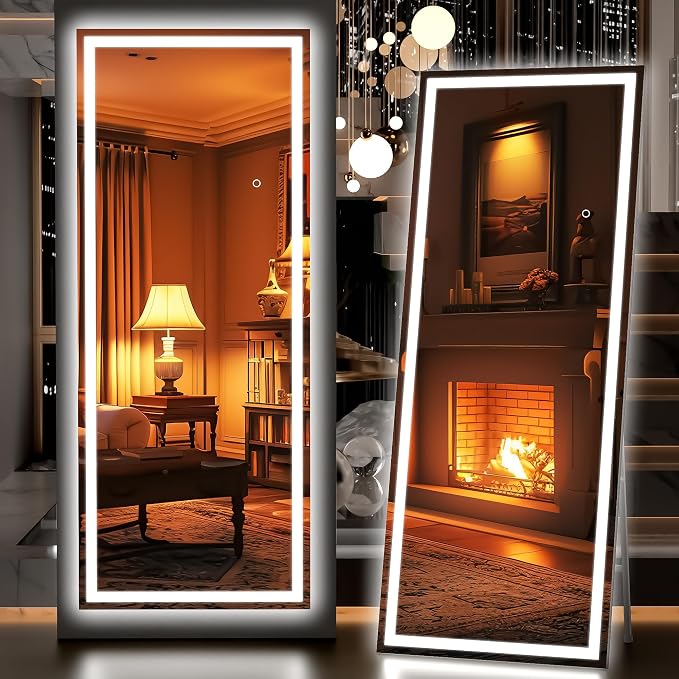Hasipu Full Length Mirror with Lights, 67" x 22" LED Lighted Floor Standing, Full Body Dressing Hanging Mounted Mirror, Tempered Glass, Square Black