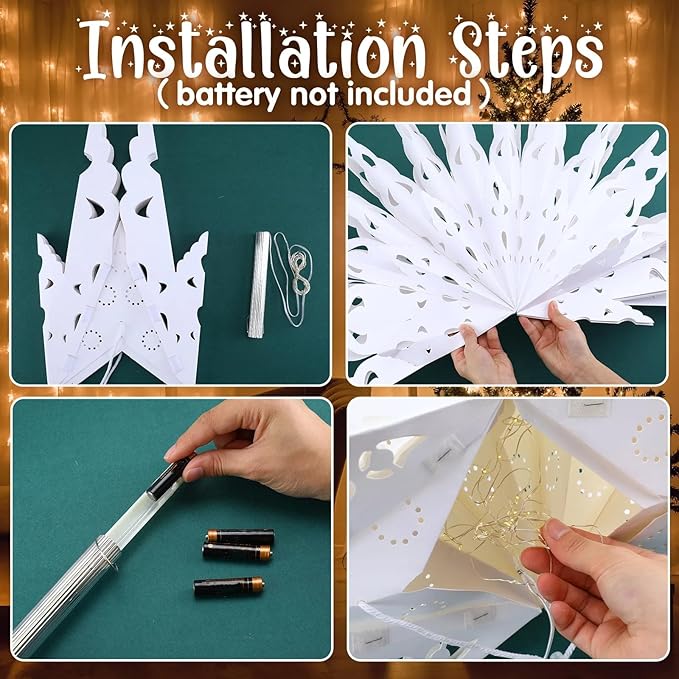 23.6 Inch Christmas Star Snowflake Paper Lantern with Light Timer Paper Lamp Party Supplies Hanging Decoration for Weddings Christmas Trees Birthday Holiday Party Celebration (Classic Style)