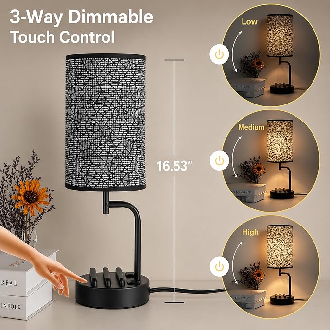 Dreamholder Touch Control USB Table Lamp with USB C/A & AC Outlet, 3-Way Dimmable Bedside Lamp, Modern Nightstand Lamps for Bedroom Living Room Guest Room Office, Bulb Included, Miracle Black