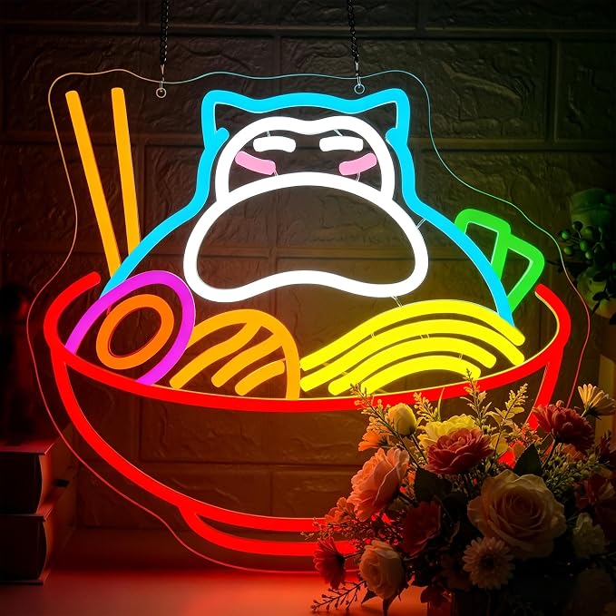 Ramen Neon Sign for Wall Decor Bear Noodle LED Light for Man Cave | Dimmable ramen neon light, bedroom, restaurant bar kitchen cafe decor, birthday gifts for men, size 14.3*12.9 in