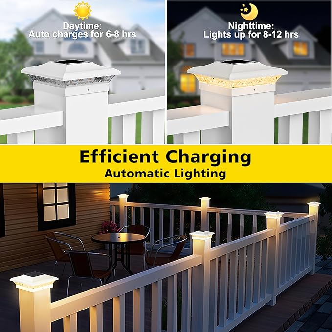 T-SUN 4x4 Solar Post Cap Lights Outdoor 12 Pack, Warm White LED Fence Post Solar Lights Fit for 4x4 Vinyl Posts, Waterproof Deck Light Solar Powered for Garden Patio Gate Porch