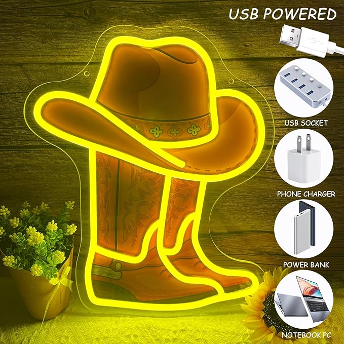 Cowboy Boot Hat Neon Sign 15.2”x13”LED Western Yellow Cowboy Boot Neon Light for Wall Decor Dimmable Hat Light Up Sign for Bedroom Game Room Man Cave Presents for Birthday Party Rodeo Enthusiast