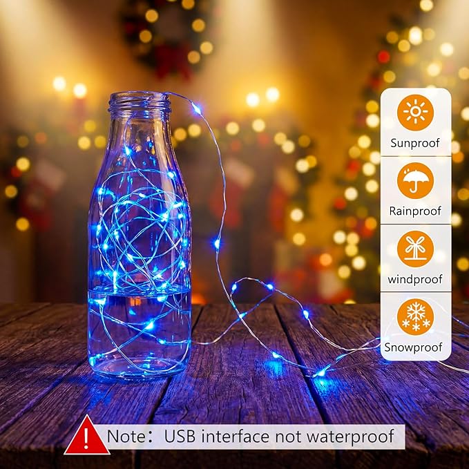 Macarrie 3 Pcs Blue Fairy Lights USB Powered 16 ft 50 LED String Lights Plug in for Indoor Outdoor Bedroom DIY Party Wedding Home Festival Tree Garden Xmas Decoration