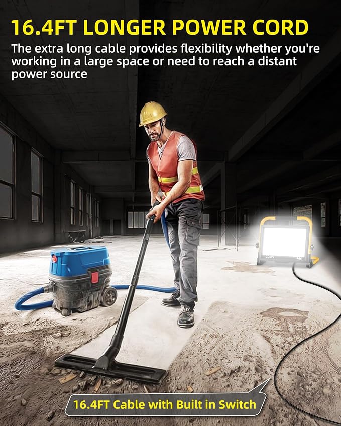 24000LM Work Light with 16FT Cord & Switch, IP66 for Construction Job Site | 200W LED Flood Light Plug in Ultra Brighter, Portable Worklight with Stand, 5000K Daylight for Workshop Camping Outdoor