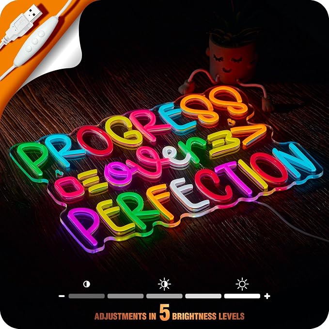 Progress Over Perfection Neon Sign, Positive Affirmation LED Light for Wall Decor Multicolored Signs for School Motivational Classroom Kids Room Home Compatible with Timer (15.7 X 12.6 in)