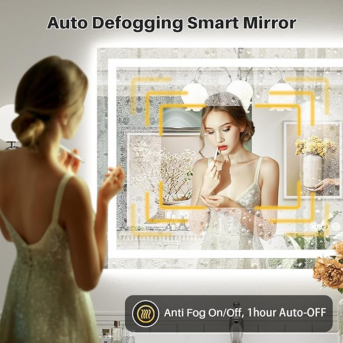 48x28 Inch LED Bathroom Mirror with Lights, Backlit & Front Lit | Anti-fog, 3 Color Dimmable, Memory Function, HD Reflection Tempered Glass, ETL Listed, IP54 Waterproof