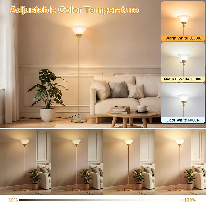 Coucrek Floor Lamp for Living Room, Torchiere Standing Light | Remote Control Stepless Dimmable Brightness & Color Temperature, 9W LED Bulb Included, Tall Lamp for Bedroom, Office, Dorm