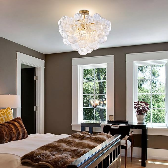 Semi Flush Mount Bubble Ball Chandelier Lighting 24 Inches Gold Clear Ribbed Blown Glass Chandeliers Ceiling Light Fixture for Bedroom, Living Room, Entry, Bathroom