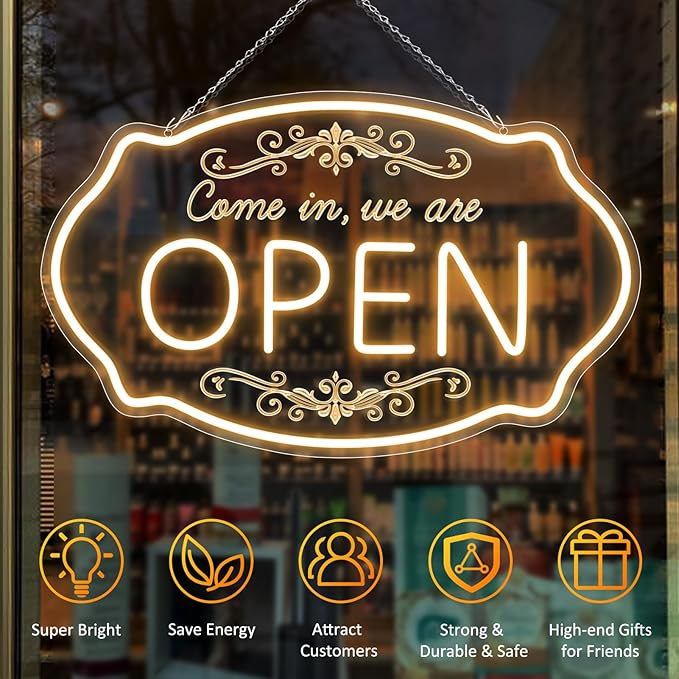 LED Neon Open Sign for Business, 23.5x14'' Come in We’re Open Sign, Warm White Adjustable Brightness Neon Lights for Party, Bar,Salon, Stores, Hotel, Wall Decor, Clubs, Hotels
