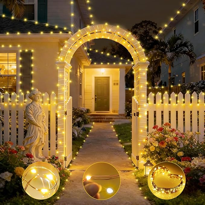 KNONEW 203FT 600 LED Outdoor Fairy Lights Plug in, Christmas Fairy Lights Outdoor Waterproof 8 Modes Memory Times for Wedding Bedroom Walls Garden Trees Decoration(Warm White)