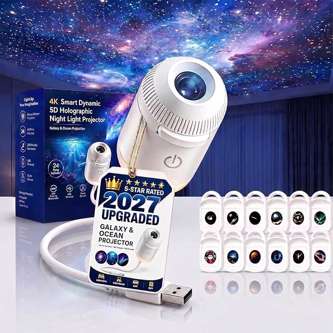 2027 Upgraded Hd Smart Dynamic 5d Holographic Night Light Projector - Plug and Play Hd Star Projector, 360° Adjustable Hd Galaxy and Ocean Projector for Bedroom Ceiling，12 Projection Films