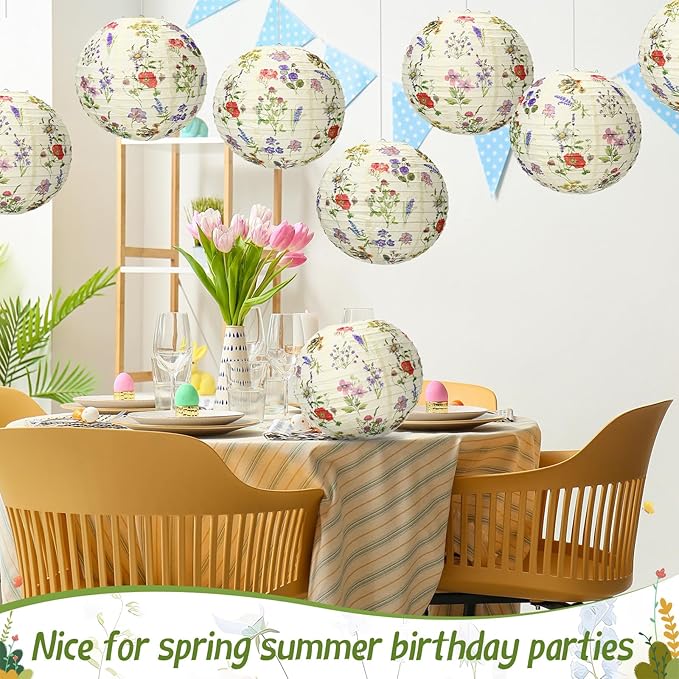 Honoson 12 Pcs Floral Paper Lanterns Tea Party Decorations Flower Wildflower Spring Birthday Party Decoration Flower 10 Inch Hanging Round Paper Lanterns for Wedding Bridal Shower Baby Shower Decor