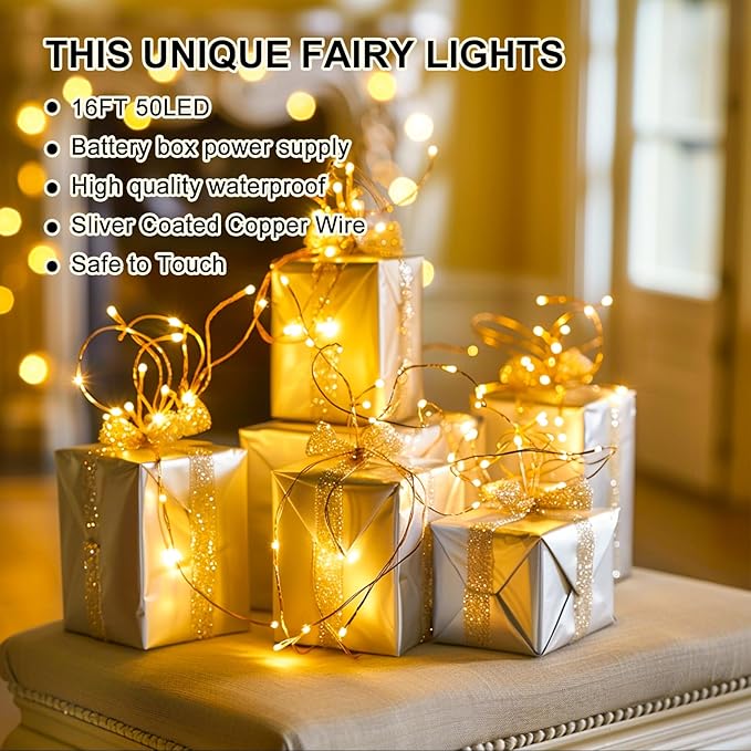 Fairy Lights Battery Operated (Included), 8 Modes & Auto Timer, 2 Packs 5m 50Led Warm White Mini Twinkle Silver Wire Firefly Starry Lights, Waterproof Battery Operated Lights for Tree Bottle