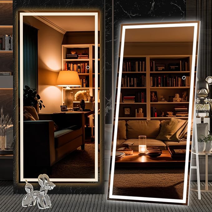 Hasipu Full Length Mirror with Lights, 71" x 32" LED Lighted Floor Standing, Full Body Dressing Hanging Mounted Mirror, Tempered Glass, Square White