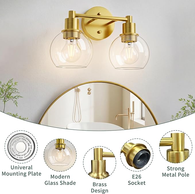 2 Light Bathroom Light Fixtures, Brushed Brass Bathroom Vanity Lights, Modern Vanity Lights 2-Light Globe Bathroom Vanity Lighting Fixture Over Mirror