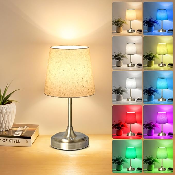 Wowag Small Cordless Table Lamp Rechargeable,5000mAh Battery Operated Desk Lamp,3 Colors & 7 RGB Stepless Dimmable,Touch Ambient Light for Bedside,Bedroom,Dining Room,Living Room,Bronze,FlaxenShade