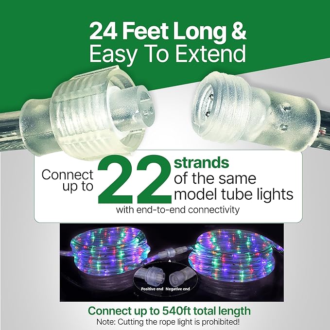 Tupkee LED Rope Light Multi-Color - for Indoor and Outdoor use, 24 Feet (7.3 m) - 10MM Diameter - 144 LED Long Life Bulbs Rope Tube Lights - Pack of 2