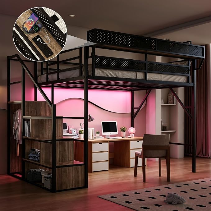Queen Size Metal Loft Bed with Reversible Stairs and LED & USB Port | Storage Shelf, Reversible Storage Stairs with Wardrobe, LED Lights,USB Charging Port,Sturdy Noise-Free Design,Large Under Bed