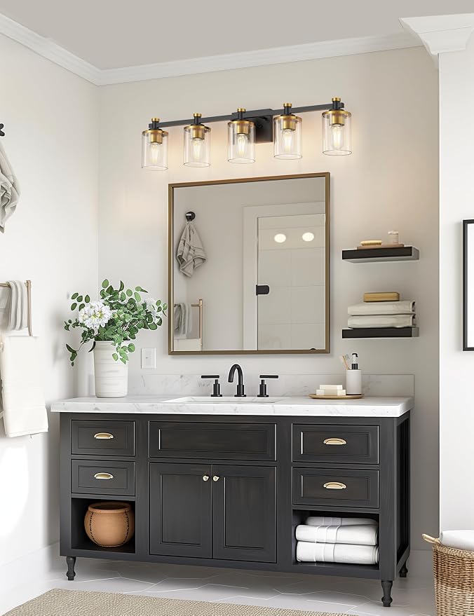 Bathroom Light Fixture, Bathroom Vanity Light Over Mirror, 5-Lights | Vanity Lights for Bathroom, Modern Lighting Fixtures with Clear Glass Shade, Black and Gold Vanity Lights, ETL Listed