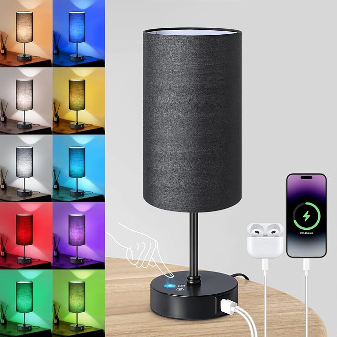 Table Lamp with 3 CCT (3000K/4500K/6500K), Stepless Dimmable Bedside Lamp with 7 Color Changing, Modern Nightstand Light with Black Shade for Bedroom, Kids Room, Home, Office