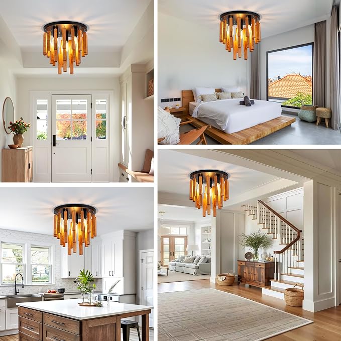 Farmhouse Light Fixture, 3-Light Wood Ceiling Light, Rustic Light Fixture with Wood and Black Metal Finish, Farmhouse Semi Flush Chandelier for Bedroom, Hallway, Entryway, Kitchen