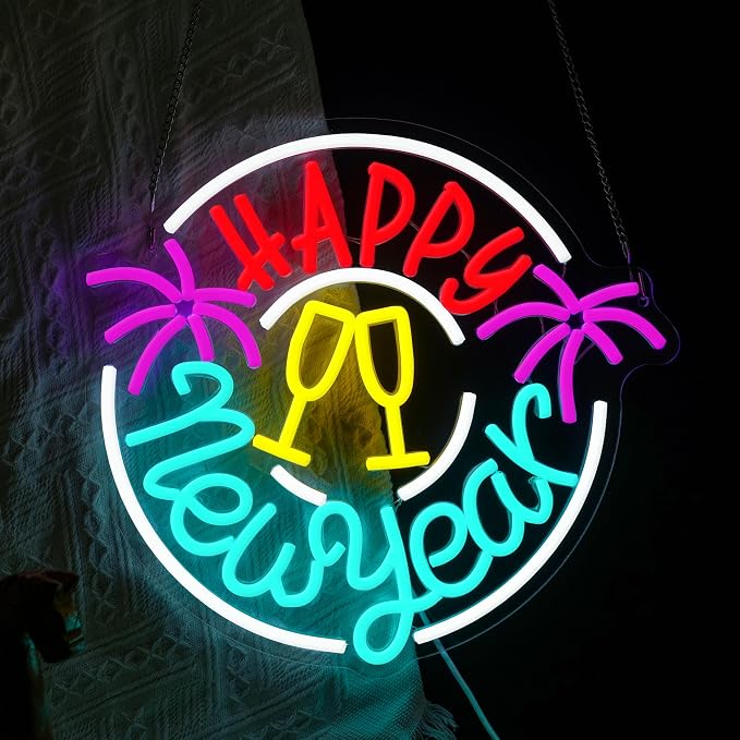 Happy New Year Neon Sign with Dimmable Champagne Glasses Fireworks LED Neon Light for New Years Eve Party Light Up Wall Decor Neon Sign for Home Bar Photo Background Holiday Gift