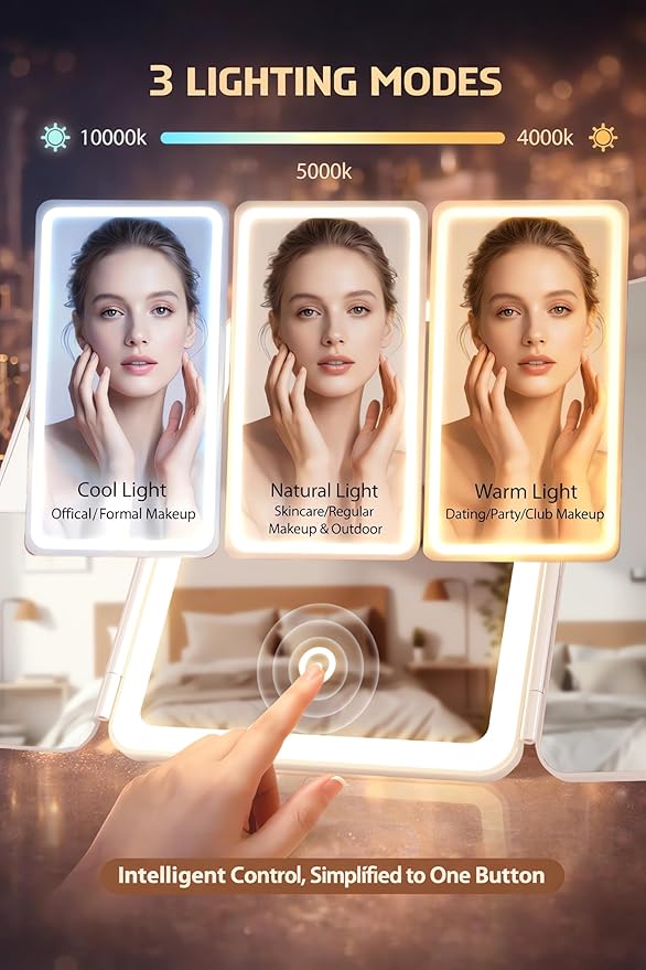 Lupow Makeup Mirror Vanity Mirror with 3 Lighting and Adjustable Brightness,Detachable Height-Adjustable Dresser Mount,2X,3X,10X Magnification,Suitable for Bathrooms,Vanity,Ideal Gifts for Women
