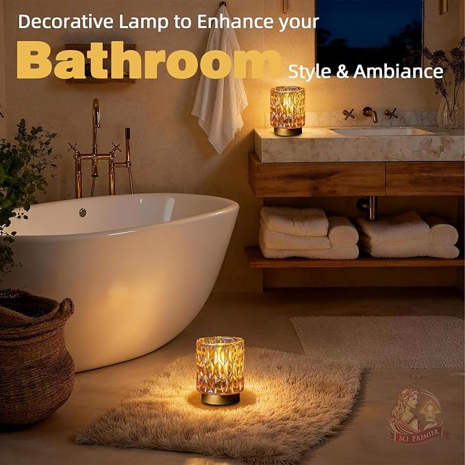 Battery Operated Table Lamp Timer, Small Cordless Lamps Decorative, 2 Amber | Mini Crystal Lamp for Area No Plug, LED Battery Powered Lamps Wireless, Glass Accent Light for Bathroom Fireplace Shelf Decor