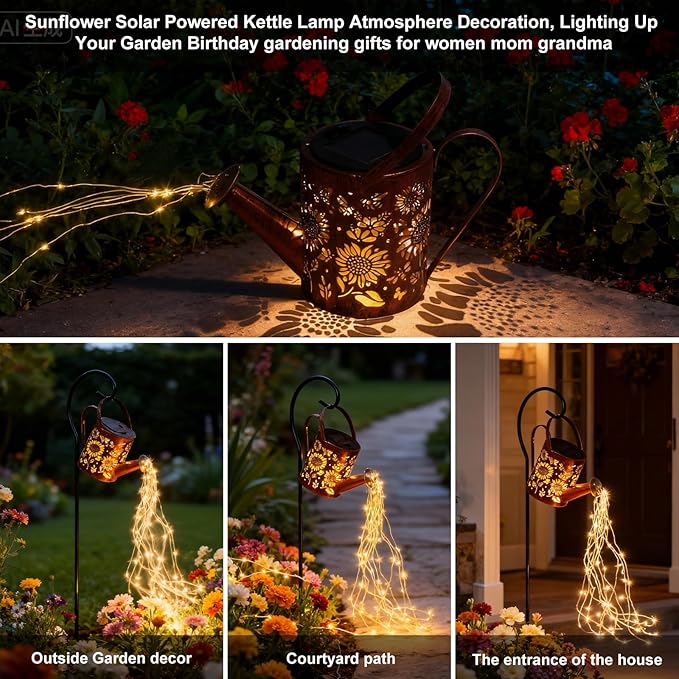Sunflowers Solar Lights Outdoor Garden Sunflower Gifts, Gardening Gifts, Solar Watering Can Lantern Gifts for Mom Grandma Women, Patio, Yard, Pathway Lantern Decoration Gifts for Mom Grandma Women