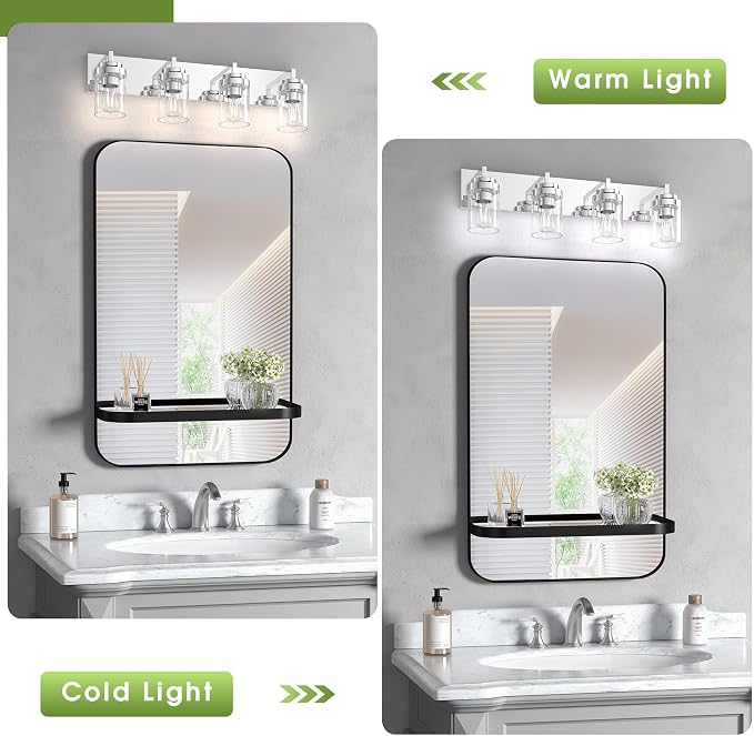 Chrome Light Fixtures, 4 Light Bathroom Vanity Light with Clear Glass Shade, 30 in Modern Vanity Light, Bathroom Lighting Fixtures Over Mirror for Living Room