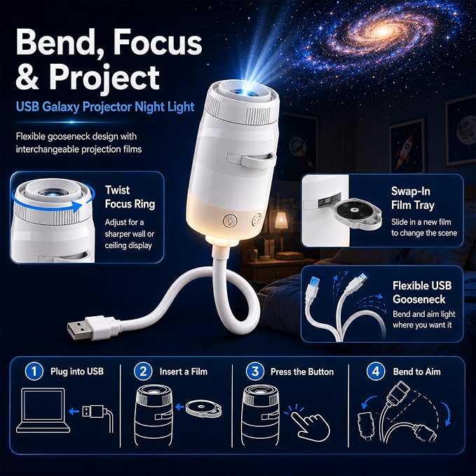2-in-1 Galaxy Projector Night Light with 13 HD Projection Slides, USB Portable Starry Sky Night Light with 360° Rotation & Dual Auto-Off , Mini LED Ceiling Wall Lamp for Car Decor Bedroom Adults Gifts